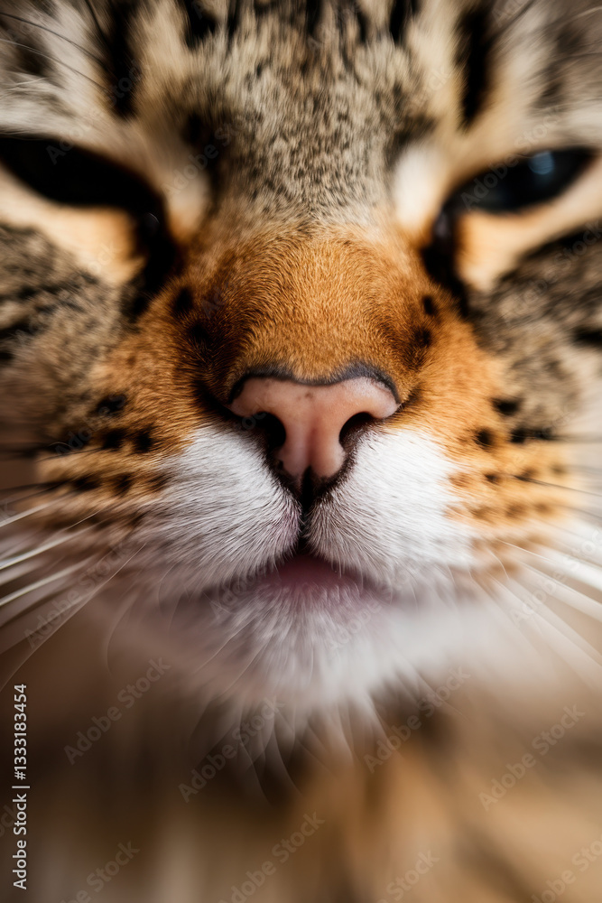 Poster close-up of a majestic cat's face with intricate patterns and soft fur