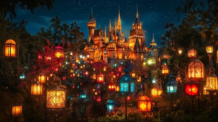 Fototapeta premium Magical castle aglow with festive lanterns night.