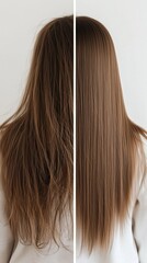 Fototapeta premium Split image comparing frizzy and smooth hair after treatment, showing dramatic transformation and effectiveness of hair care products.
