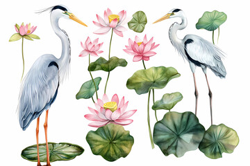 Serene Garden: a tranquil watercolor illustration of graceful herons and delicate lotus flowers, capturing the essence of peace and beauty.