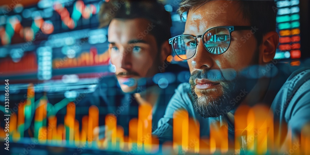 Poster two focused traders analyzing financial data on multiple screens, reflecting stock market graphs in 
