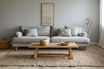 Minimalist Interior This is the interior of a bright living room with a light gray-toned sofa and a wooden coffee table. Generative AI
