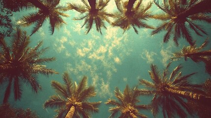 Vintage View of Palm Trees Under a Blue Sky from Below Perspective