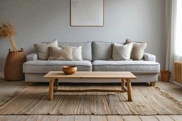 Minimalist Interior This is the interior of a bright living room with a light gray-toned sofa and a wooden coffee table. Generative AI
