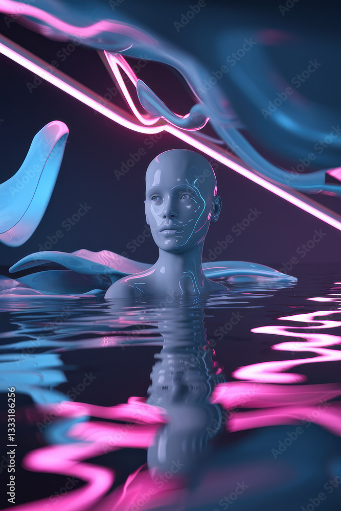 Poster surreal 3d render of a faceless figure emerging from a reflective surface with neon waves