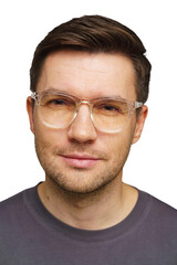 Obraz premium Man with glasses smiling against a bright background captures personal portrait at home