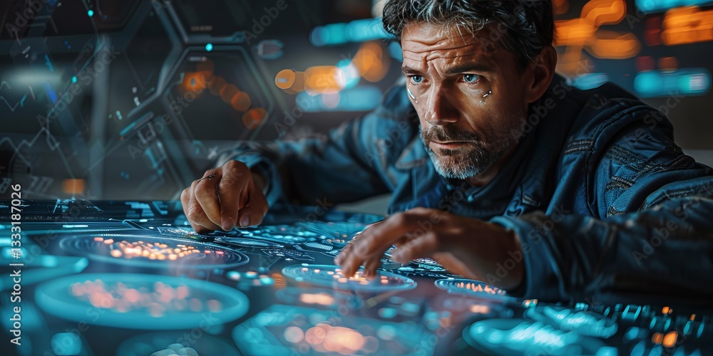 Poster a futuristic man with cybernetic enhancements operating an advanced interface, immersed in a high-te