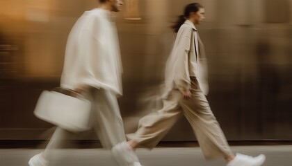 Two stylish individuals in motion blur walk swiftly on an urban street, showcasing modern fashion in beige tones.