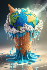 Melting Earth Ice Cream Cone with Swirling Blue and Green Tones