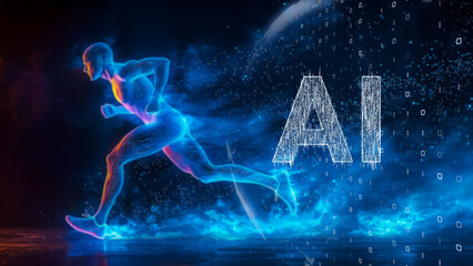 AI fitness revolution, high-performance digital human running with glowing neural enhancements