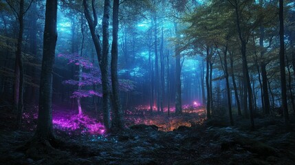 Fototapeta premium Mystical forest glows with colorful, ethereal light.