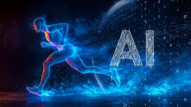 AI fitness revolution, high-performance digital human running with glowing neural enhancements