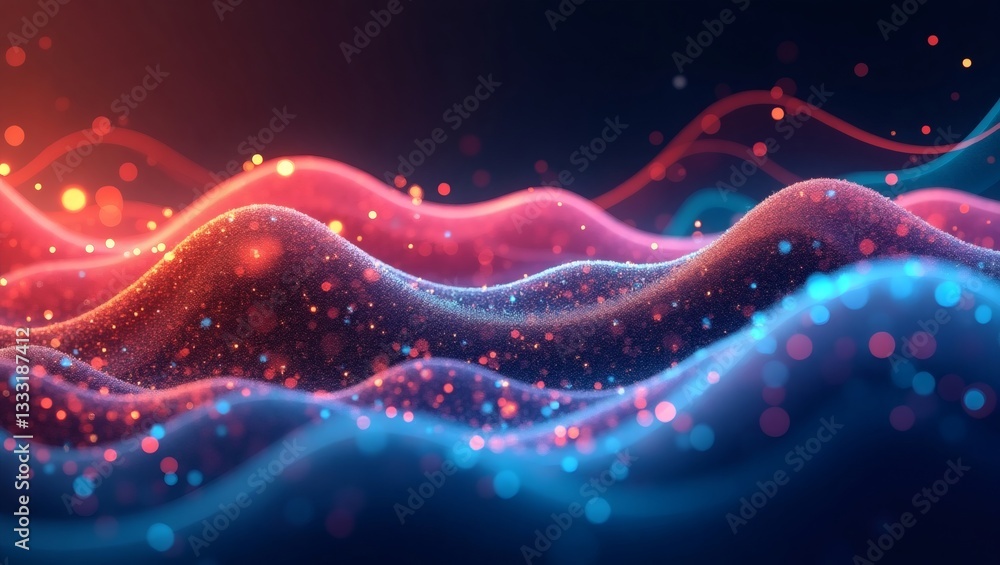 Poster abstract digital wave illustration in vibrant red and blue colors, with a focus on flowing lines and