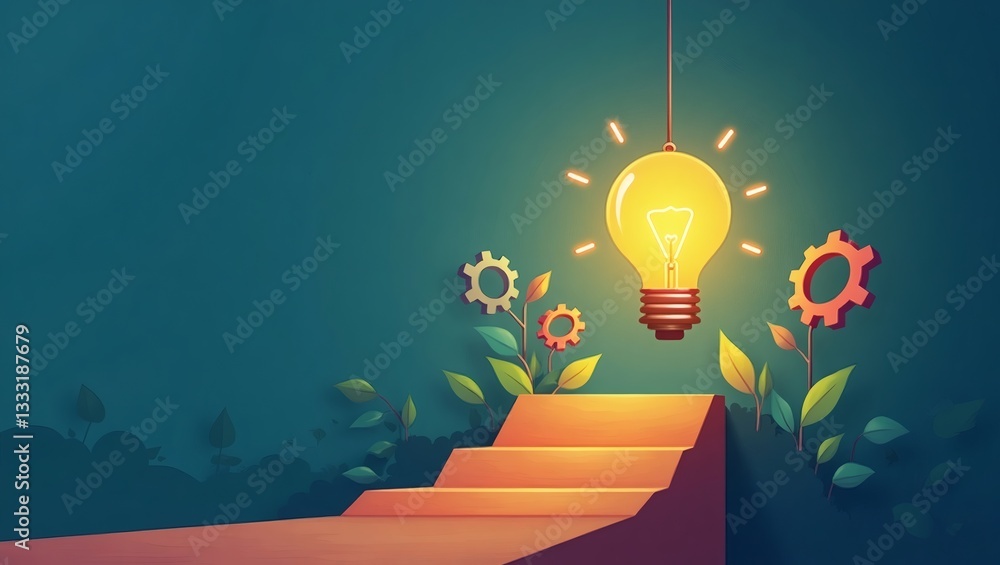 Fototapete a lightbulb illuminating above stairs, representing idea creation and progress