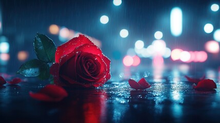 Red rose on wet pavement under city rain
