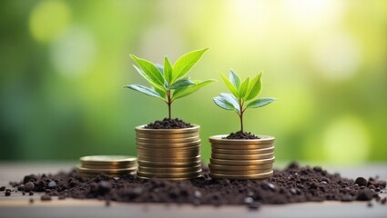 growing money represents investment and finance concept, where new plants grow from coins