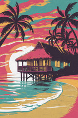 Vibrant Tropical Beach Scene with Thatched Hut and Palm Trees at Sunset