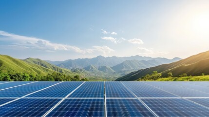 Scenic Landscape with Solar Panels Against Mountains and Blue Sky