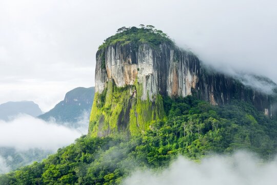 Majestic rock formation emerging from lush rainforest in the clouds