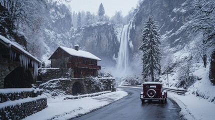 Naklejka premium A snowy winter scene with a vintage car and waterfall