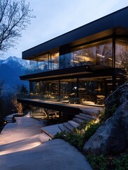 Obraz premium A futuristic house with an angular glass facade, nestled in the mountains