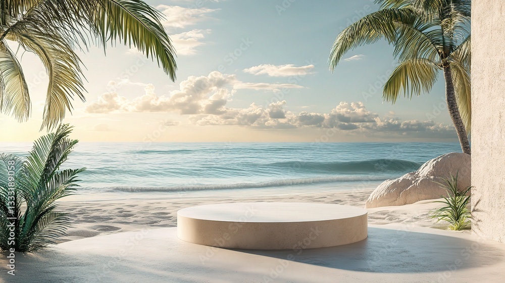 Poster abstract minimal podium display on serene beach with palm trees