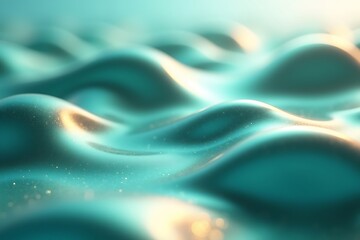 Fototapeta premium Abstract 3D render of fluid metallic waves with glossy chrome texture in futuristic turquoise and emerald hues
