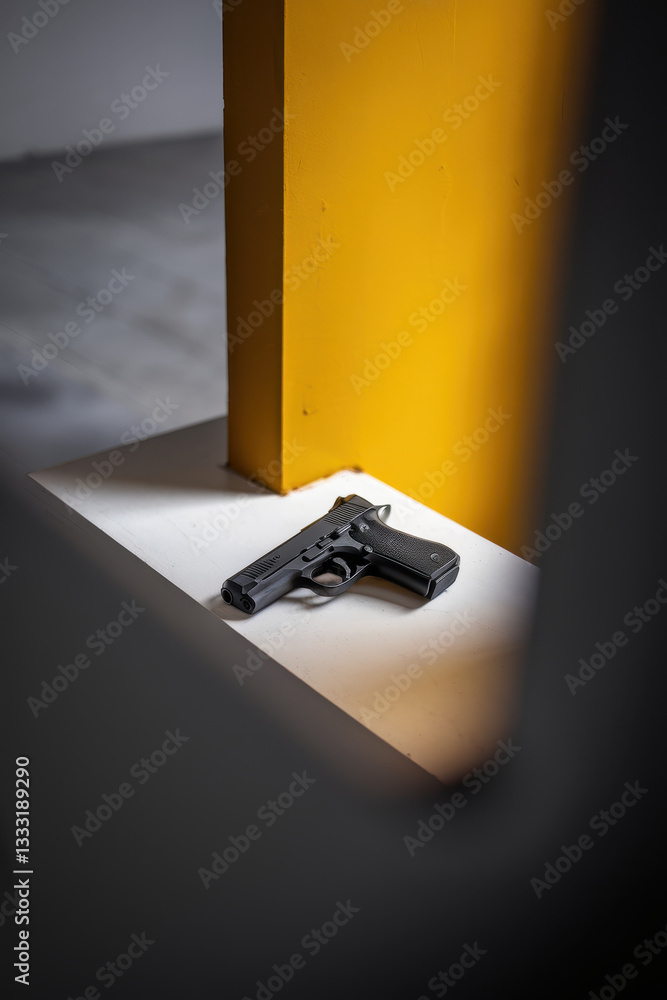 Poster handgun resting on a surface with a bold yellow column in the background
