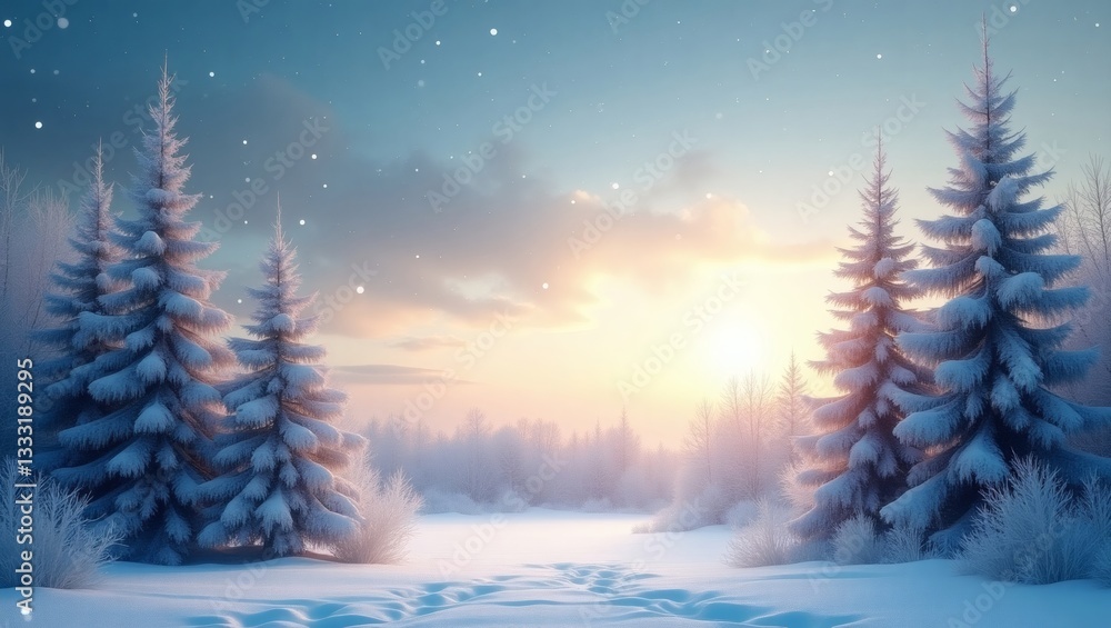 Aufkleber a tranquil winter scene with snow-covered trees and a soft, warm glow of the rising sun. snowflakes 