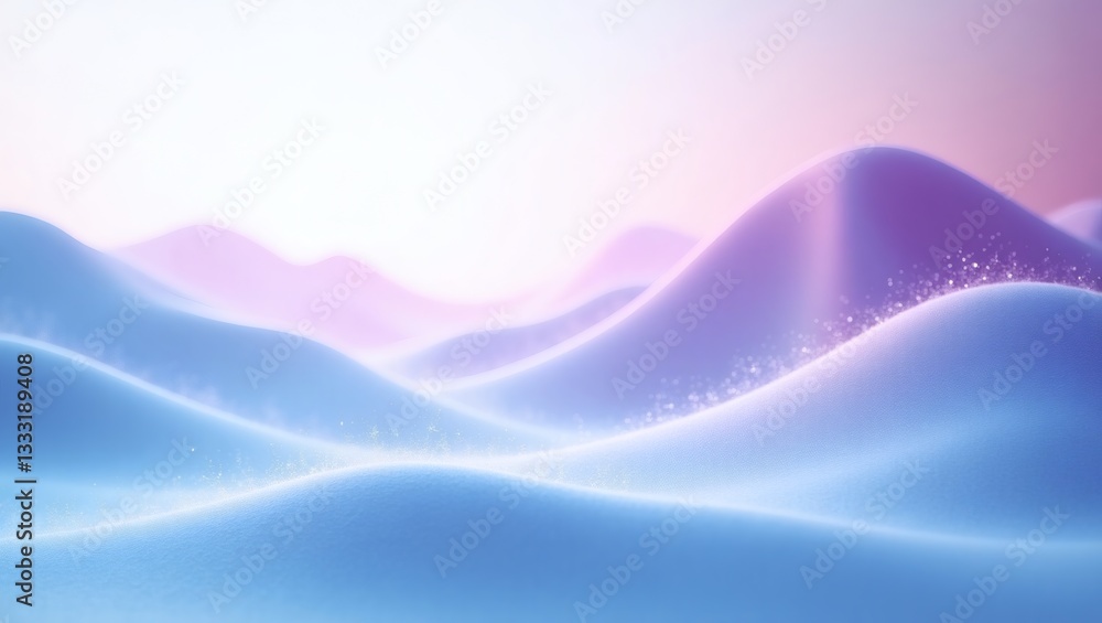 Poster an abstract landscape of rolling hills, bathed in soft, pastel colors, and the soft lights creating 