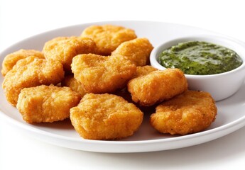 Crispy Golden Chicken Nuggets on Plate with Fresh Green Dip in White Bowl Isolated on White Background Perfect for Food Photography
