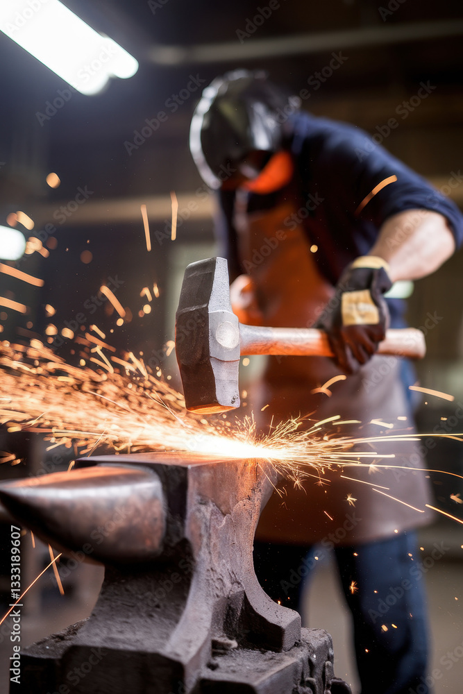 Poster blacksmith forging metal with hammer creating sparks in workshop