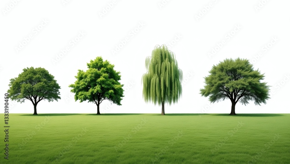 Poster four different green trees of different species stand on a grassy field