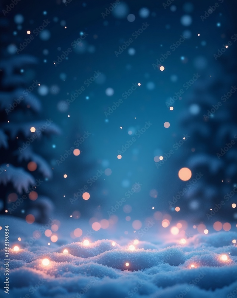 Poster snowy night with soft glowing lights and a mystical winter scene. the image evokes a sense of tranqu