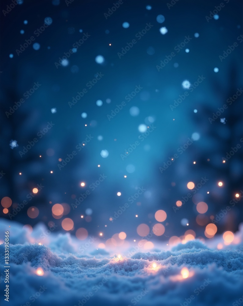 Poster a snowy night scene with bokeh lights. the image evokes a sense of wonder and tranquility, perfect f