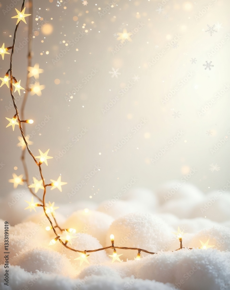 Aufkleber a garland of star-shaped lights nestled on soft, fluffy snow, creating a serene and festive atmosphe