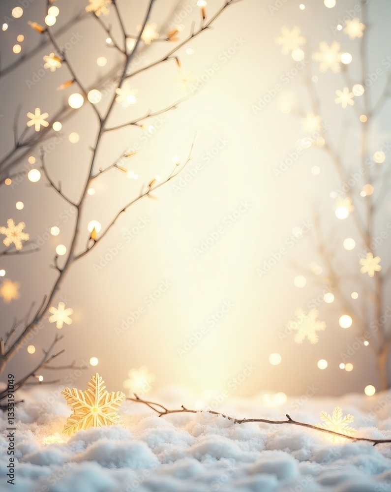 Poster a magical winter scene with twinkling lights and snowflakes surrounding bare branches. the soft glow