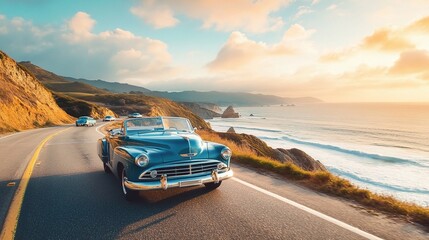 Fototapeta premium Classic Vintage Car Driving on Scenic Coastal Road at Sunset
