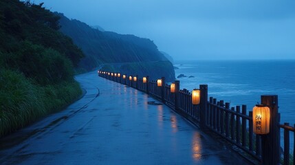 Obraz premium Road alongside the ocean with glowing lanterns during twilight hours