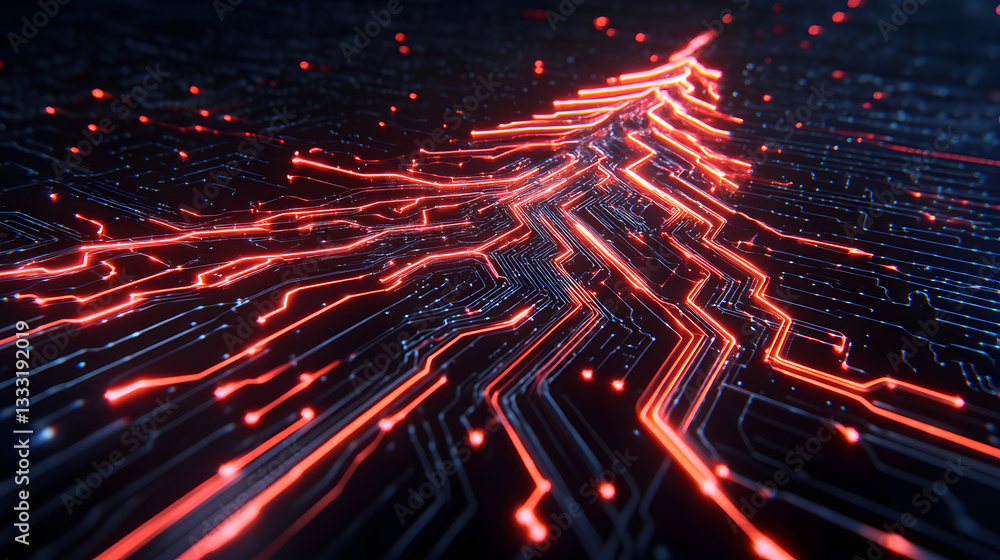 Poster abstract red data stream on dark background in digital environment