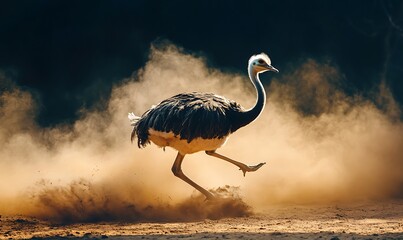 An Ostrich Runs Rapidly Across a Sandy Dusty Environment