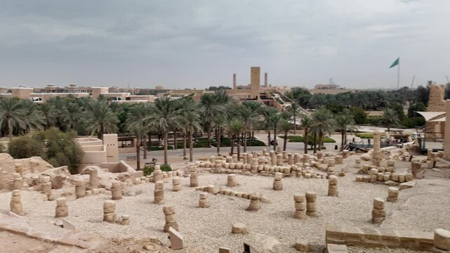aerial view featuring traditional mud-brick architecture, ancient alleyways of Diriyah, a UNESCO World Heritage site near Riyadh, reflect the region's rich cultural heritage of Saudi Arabia