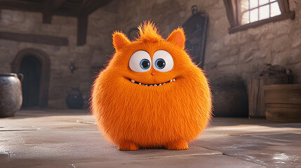 Adorable Bright Orange Furry Creature with Big Round Eyes in Room