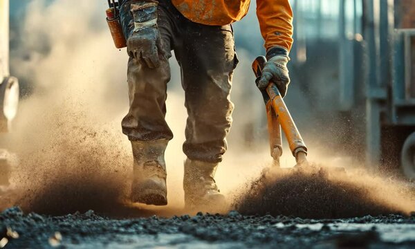 Construction Worker Clearing Dust at Job Site with Heavy Equipment During Daylight Conditions