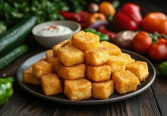 Crispy Golden Fried Cheese Cubes Stacked on Plate Surrounded by Fresh Vegetables in Vibrant Kitchen Setting