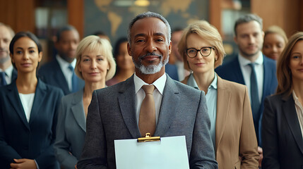 Smiling executive with salary document standing with corporate professionals. Business team supporting fair compensation and workplace diversity. Gender wage gap awareness. Equal Pay Day concept