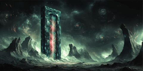 Fototapeta premium Futuristic Alien Landscape with Mysterious Sci-Fi Monolith and Swirling Cosmic Sky on Mars-Like Terrain: Explore Surreal Digital Art of Extraterrestrial World