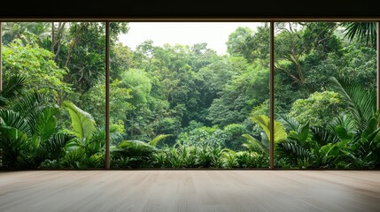 Lush Green Forest View Through Large Windows in Modern Interior Space