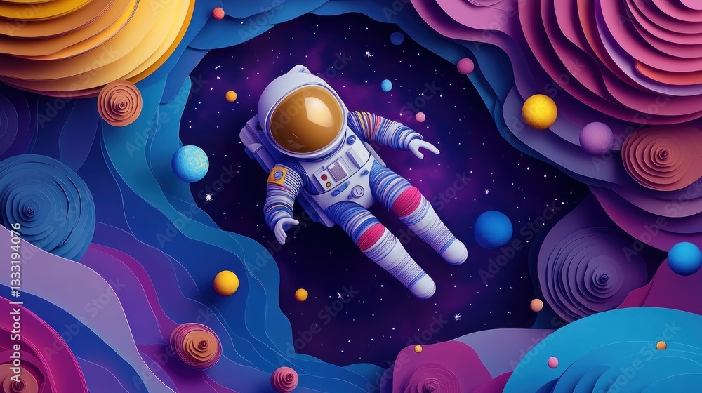Poster an adventurous astronaut floating in space with a helmet, depicted in paper art style. a paper art s