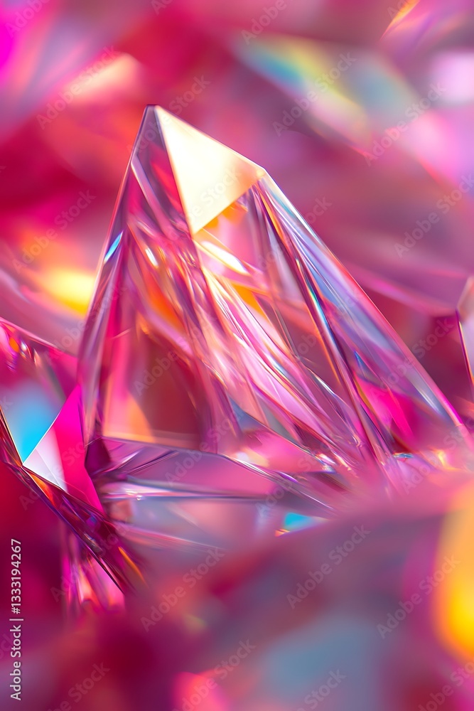 Poster abstract holographic triangles against a rich crimson background with striking color and gradient ef